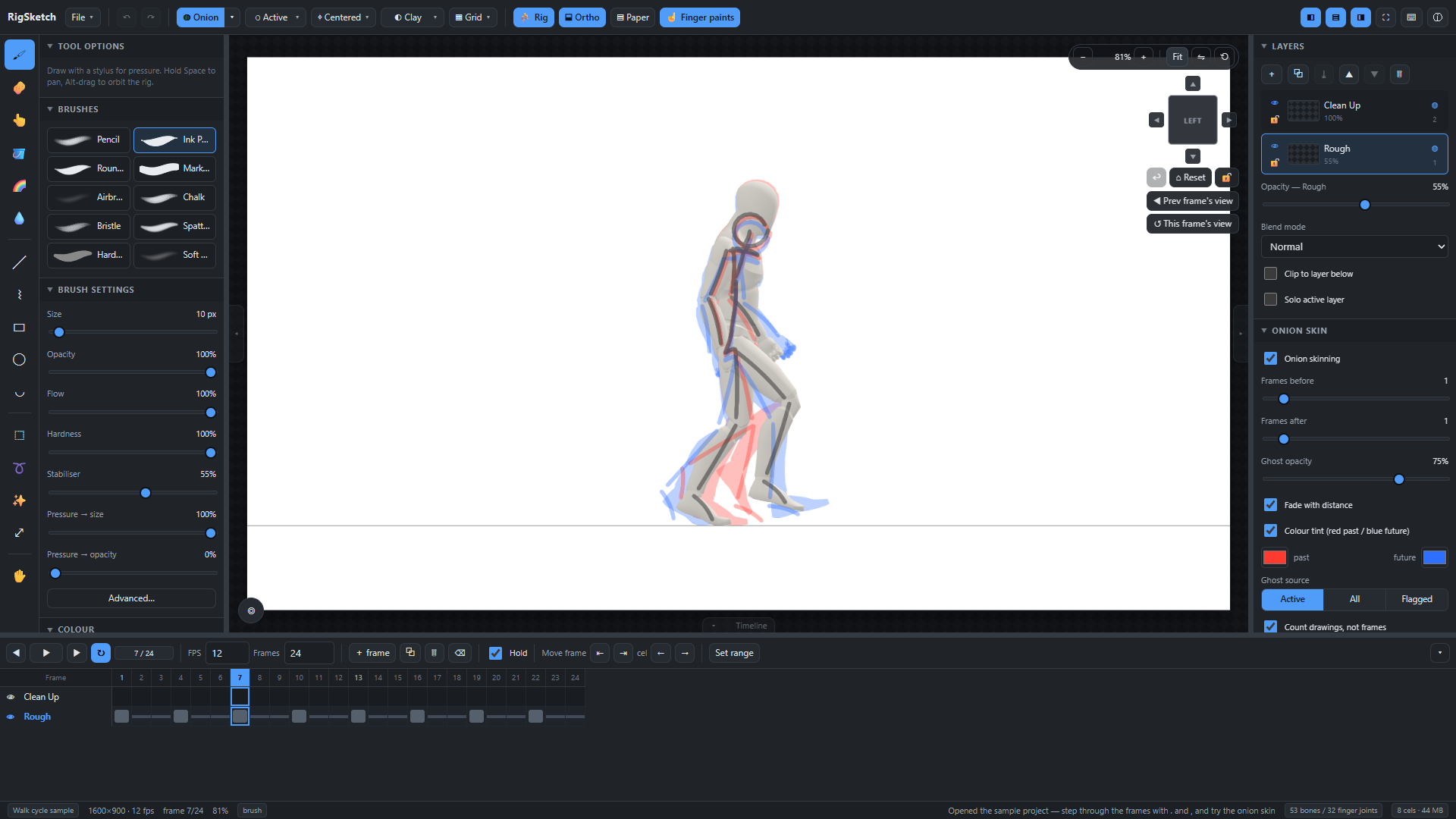 RigSketch: a rough drawing over the mannequin's walk cycle with onion-skin ghosts