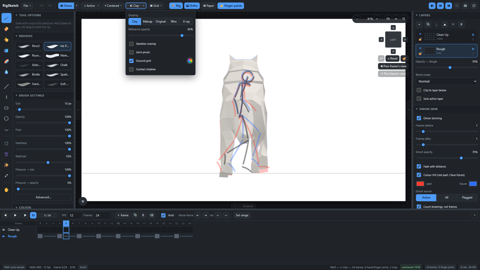 Toolbar quick menus with the shading panel open over a wolf